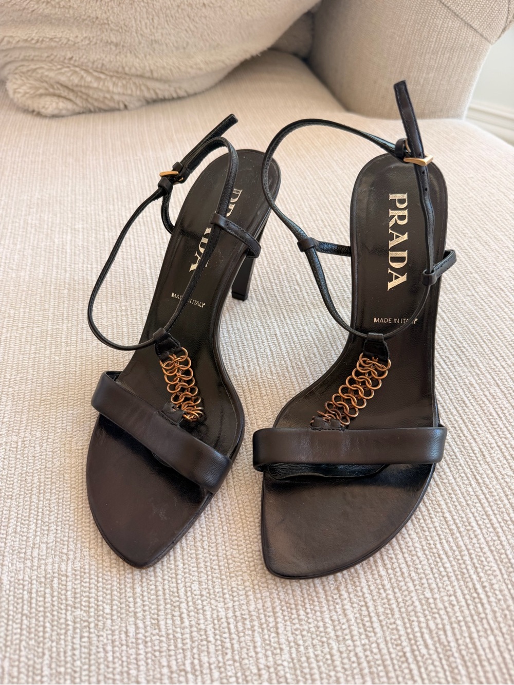 Prada Black Calf T-Strap Metal Loop Chain Slingback Sandal Y2K Vintage 39